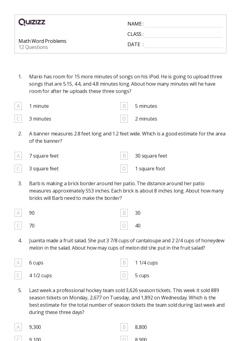 50 Math Word Problems Worksheets For 6th Grade On Quizizz Free 
