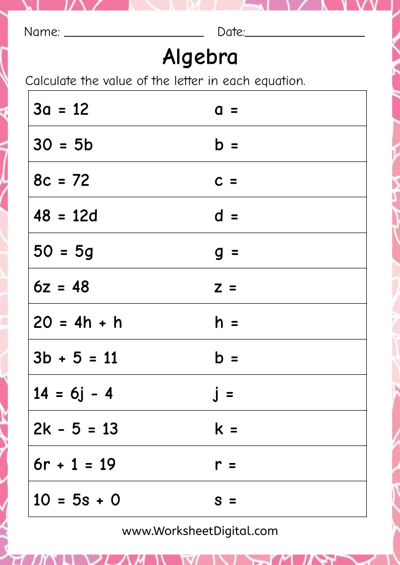 Algebra Worksheets Worksheet Digital Worksheets Library