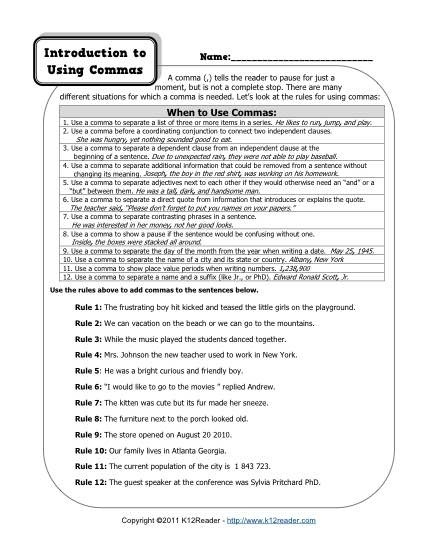 comma worksheets