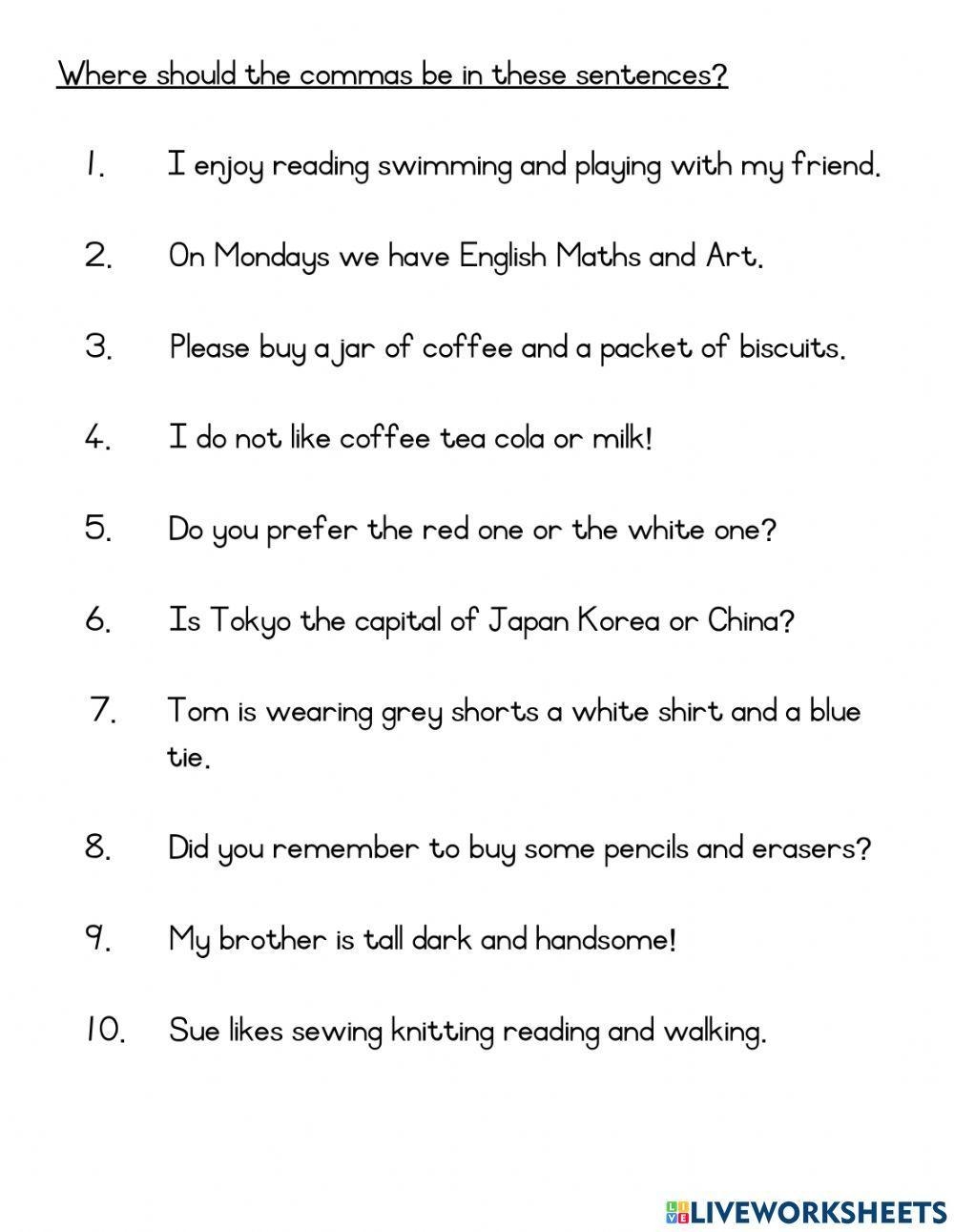 Comma Worksheets K5 Learning Worksheets Library