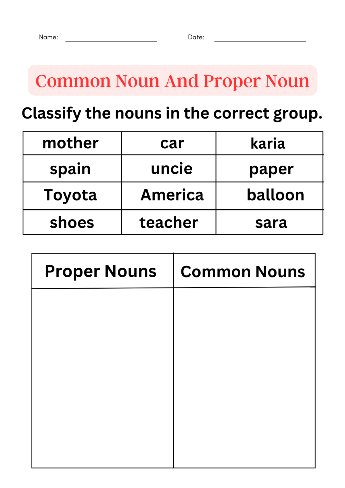 common vs proper nouns worksheet