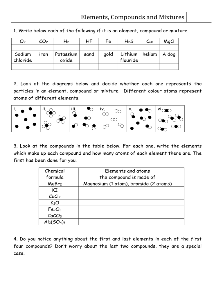 elements compounds mixtures worksheet