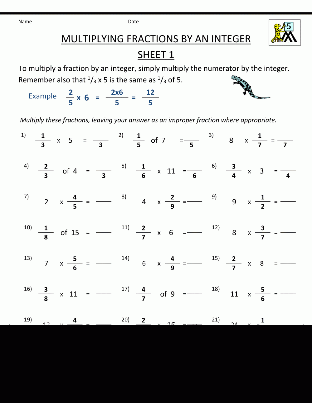 Fraction And Whole Number Multiplication Worksheet Free Printable