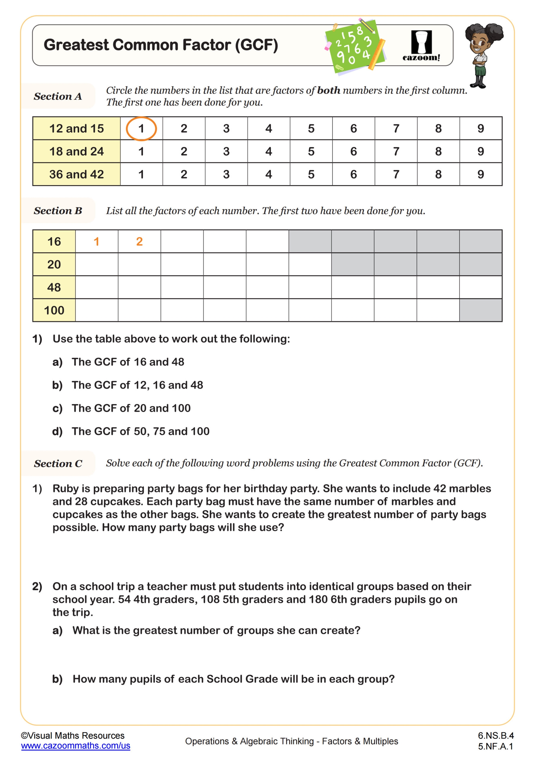 Greatest Common Factor GCF Worksheet PDF Printable Operations 