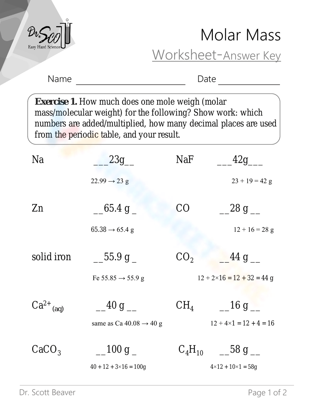 molar mass worksheet