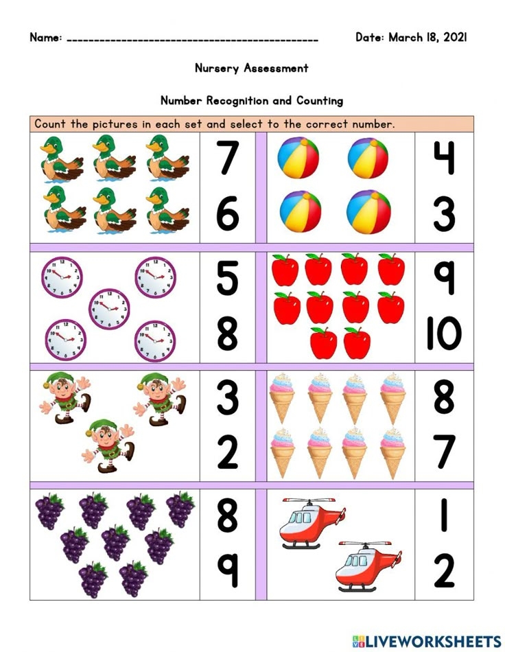 Nursery Assessment Numbers And Counting Worksheet Preschool Math 