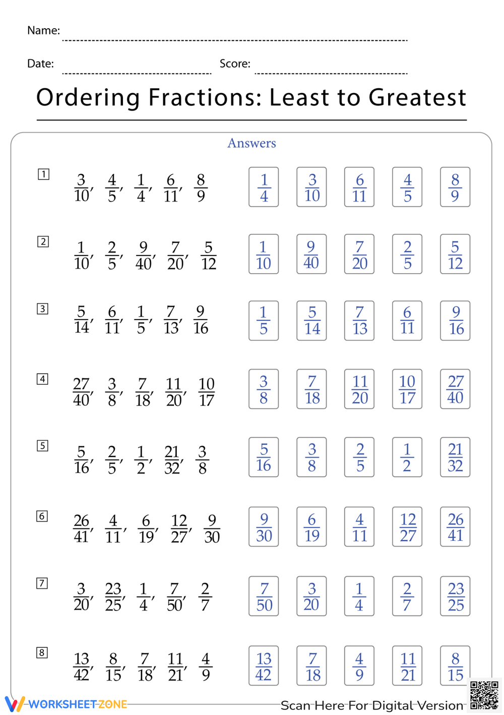 ordering fractions worksheet