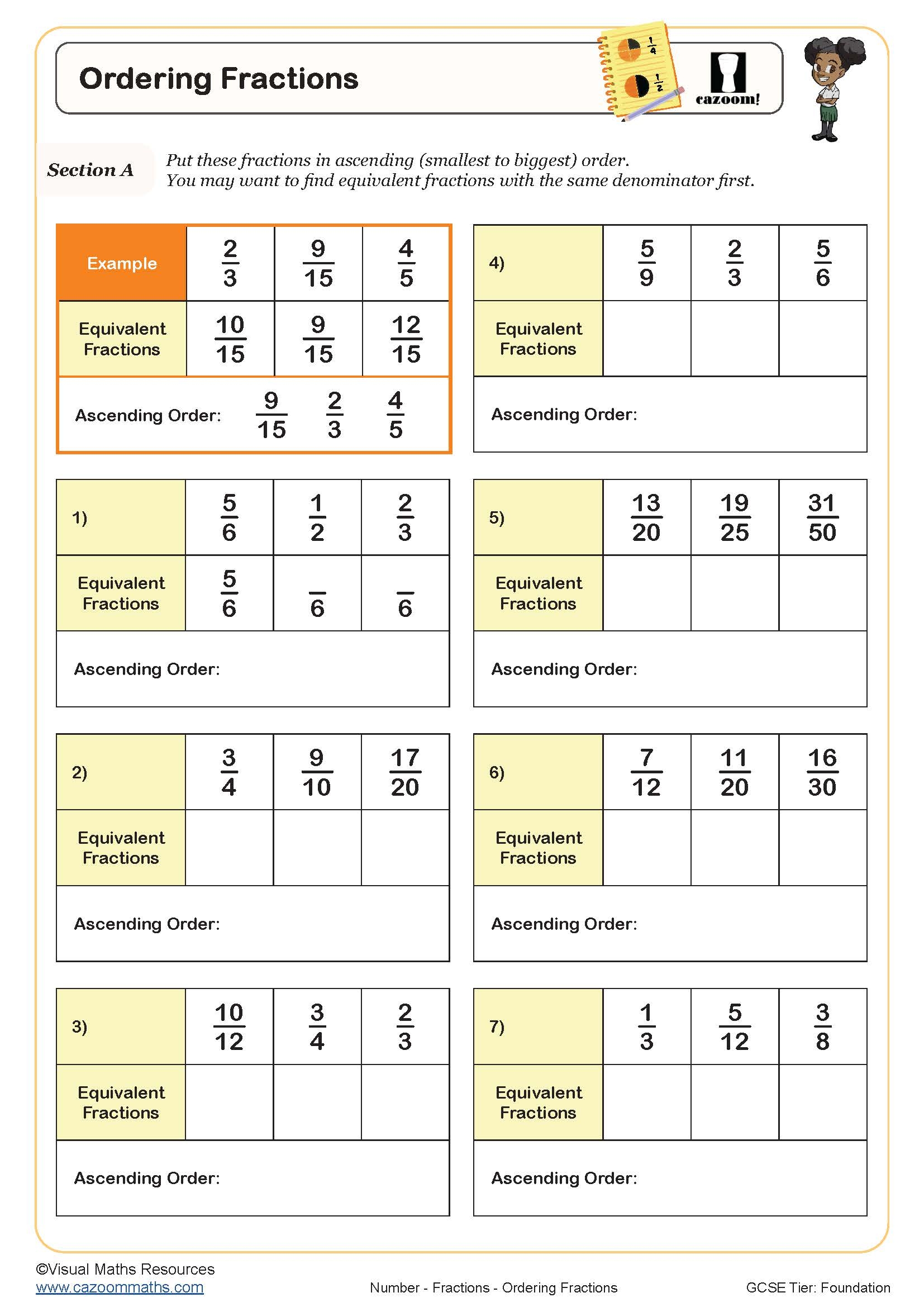 Ordering Fractions Worksheet Printable Maths Worksheets Worksheets 