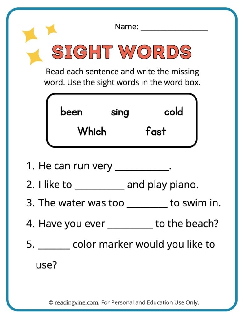 sight word activity worksheets