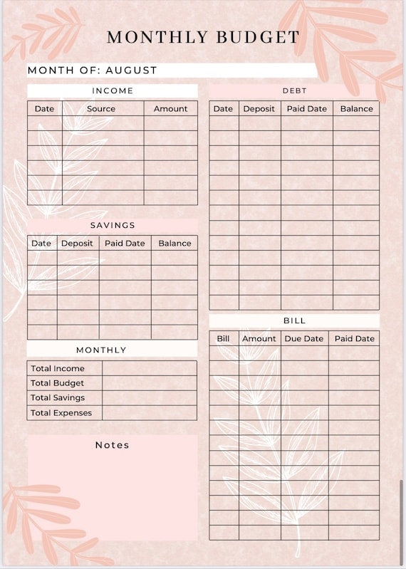 12 Month Pink Monthly Budget Planner Financial Journal monthly 