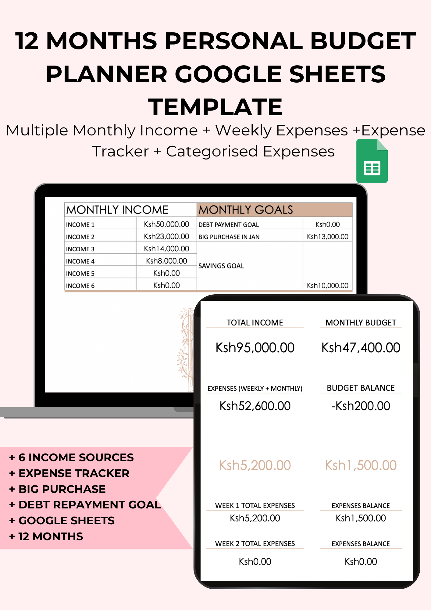 12 MONTHS PERSONAL BUDGET PLANNER GOOGLE SHEETS TEMPLATE Worksheets