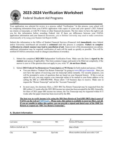 2023 2024 Verification Worksheet Independent By Hofstra 
