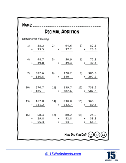 25 4 Digit Decimals Addition Math Worksheets Math Practice For Kids