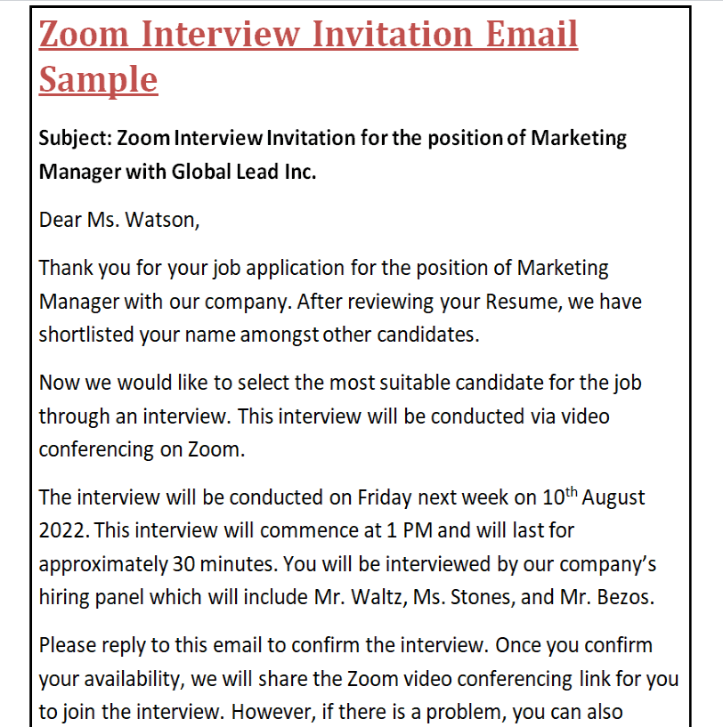 email template to invite for interview
