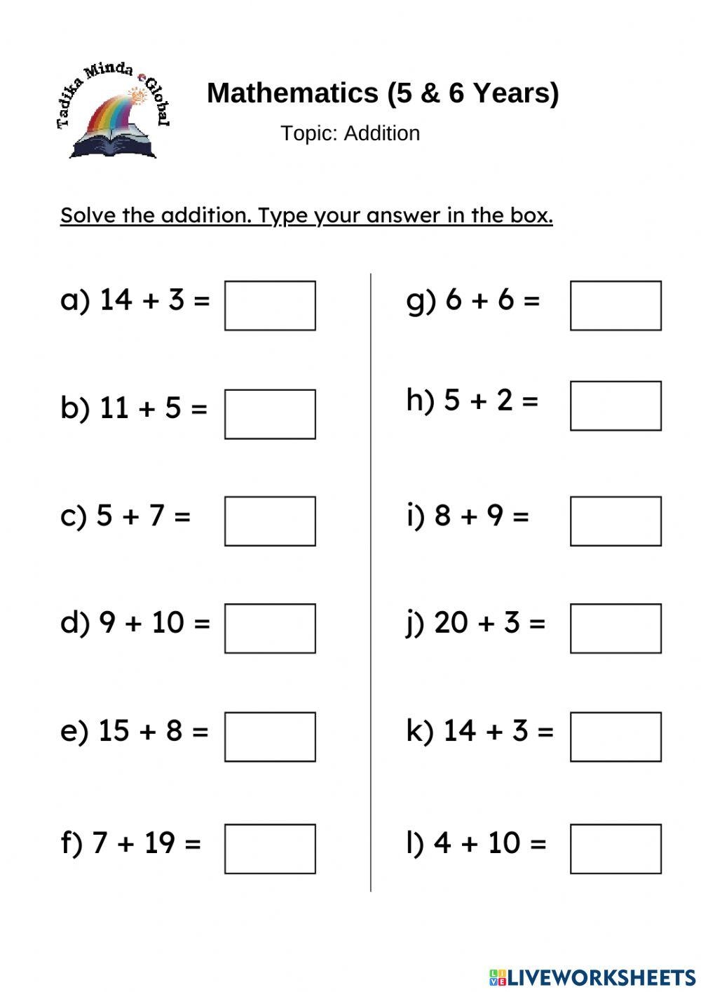 5 6 Years Mathematics Addition Interactive Worksheet Live 