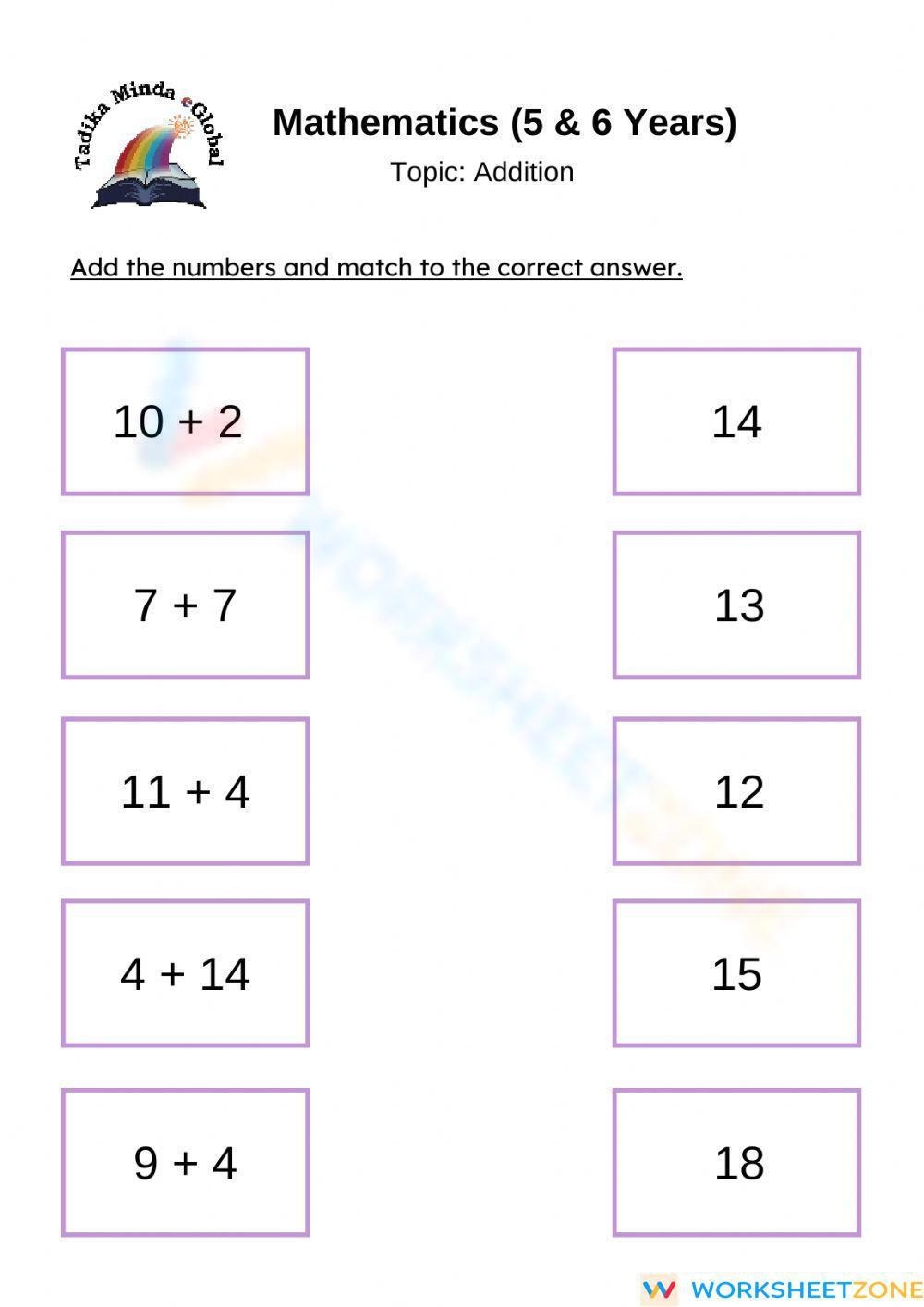 5 And 6 Years Mathematics Addition Worksheet Worksheets Library