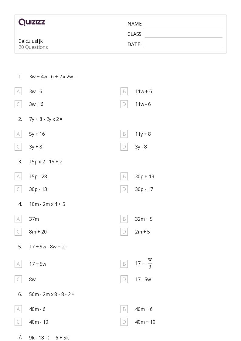 50 Calculus Worksheets For 9th Class On Quizizz Free Printable 