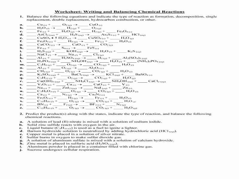50 Chemical Reactions Worksheet Answers