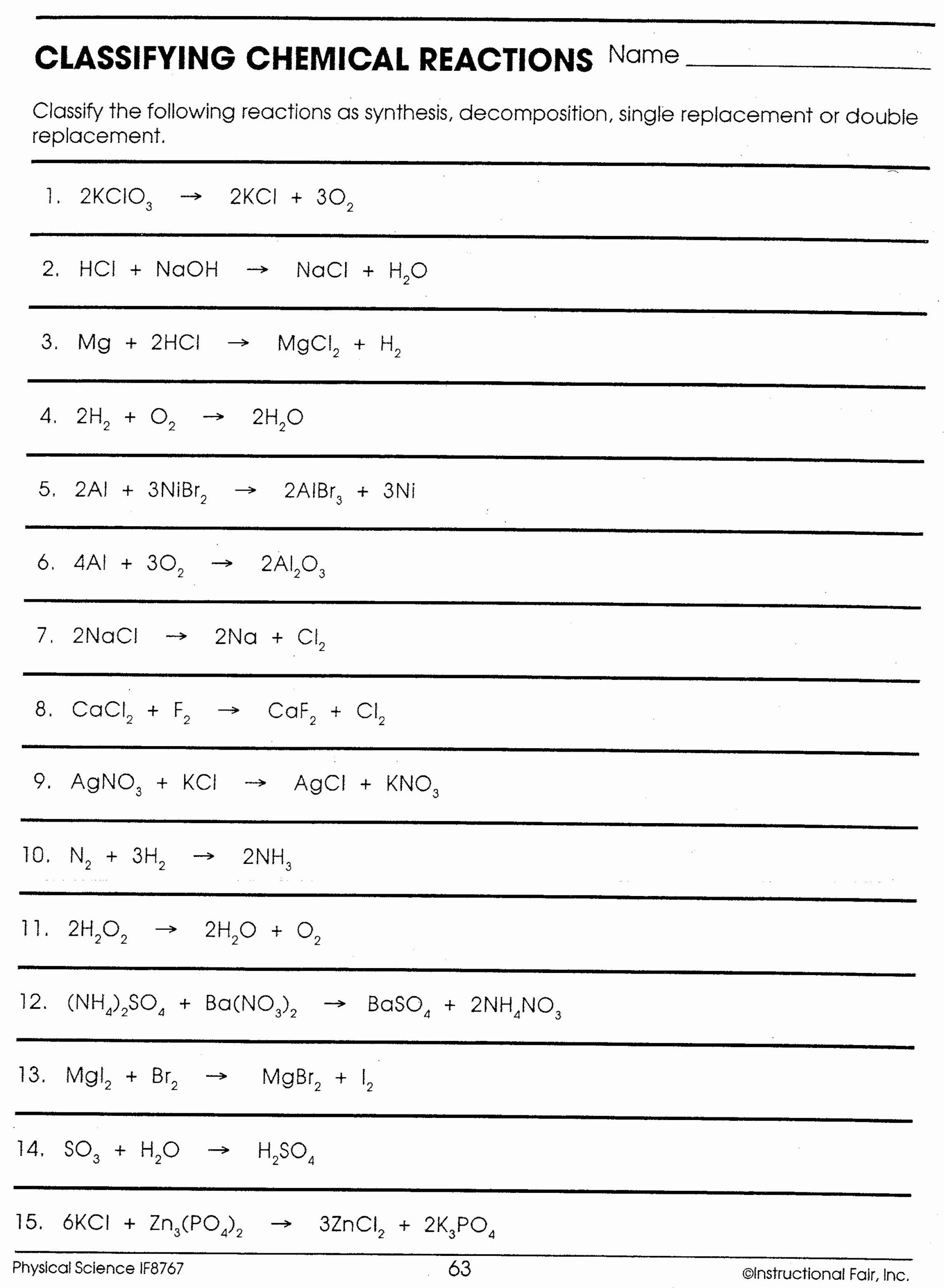 50 Classifying Chemical Reactions Worksheet