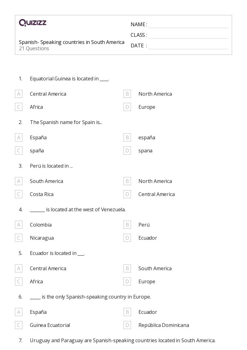 50 Countries In South America Worksheets For 6th Grade On Quizizz 
