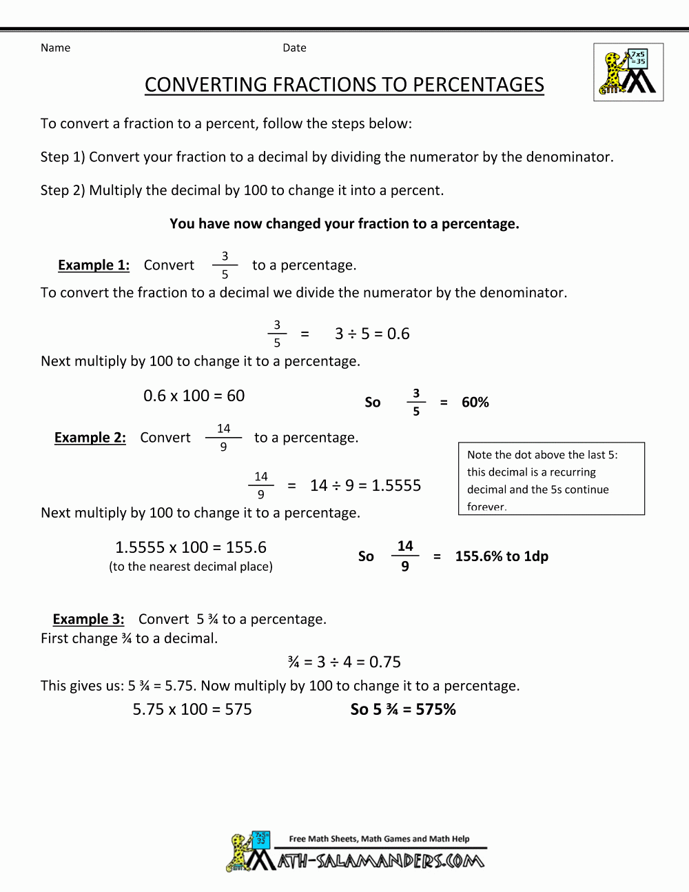 50 Fraction Decimal Percent Worksheet Pdf