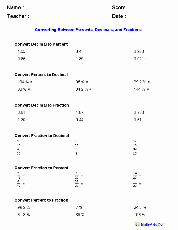 fraction decimal percent worksheet