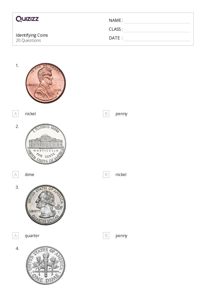 50 Identifying Coins Worksheets For Kindergarten On Quizizz 