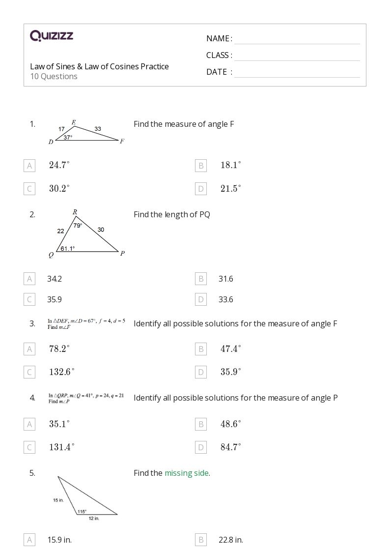 law of cosines worksheet