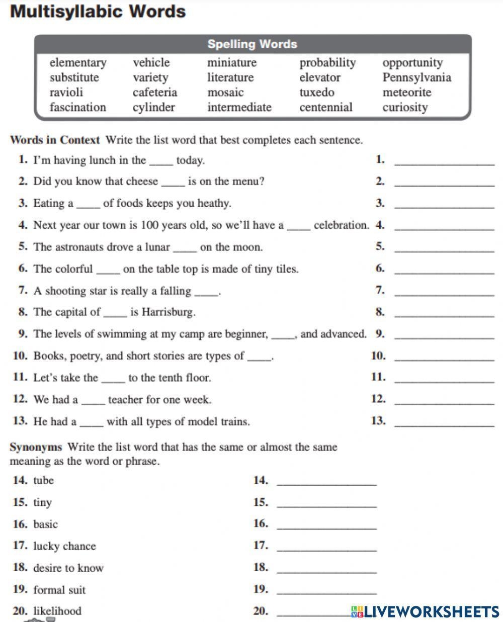 50 Multiple Syllable Words Worksheets For 1st Grade On Quizizz 