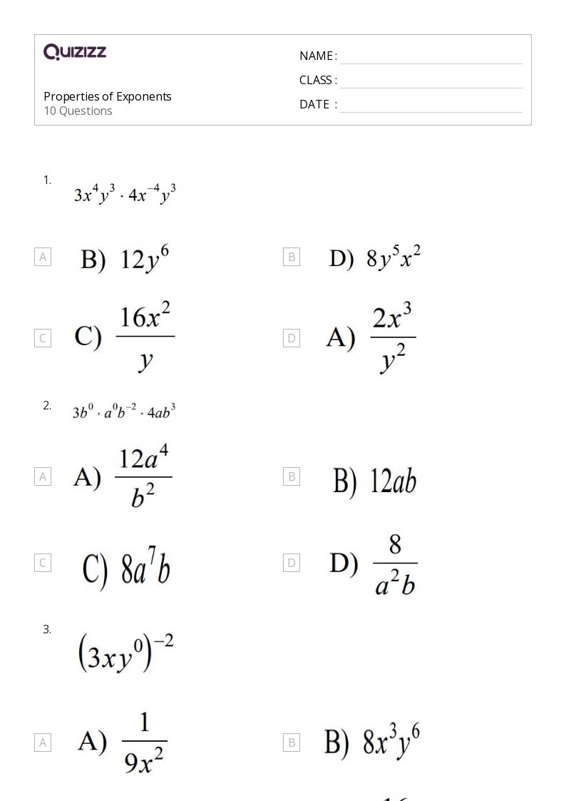 exponent worksheet