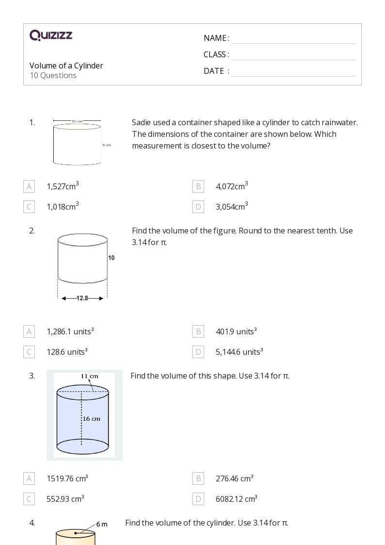 volume of a cylinder worksheet