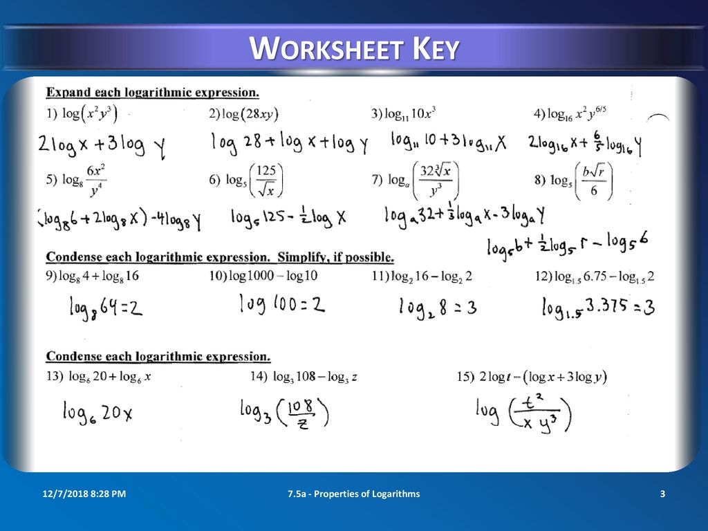 7 5a Properties Of Logarithms Ppt Download Worksheets Library