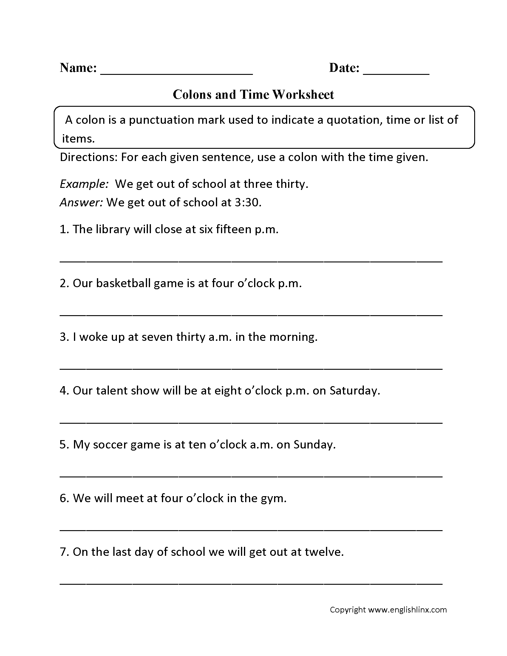 colon introduce list worksheet