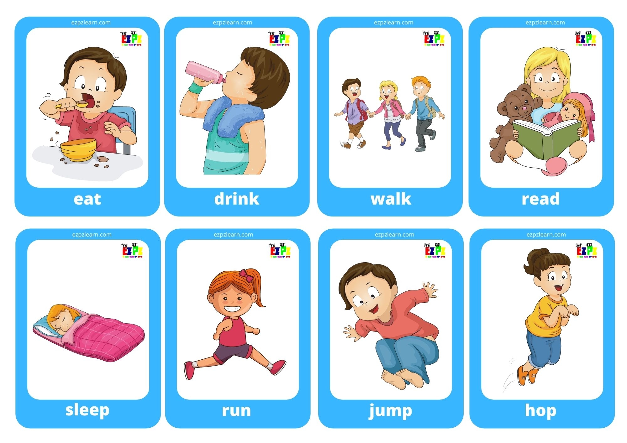 Action Verbs Game Cards Mini Flashcards Ezpzlearn Worksheets 