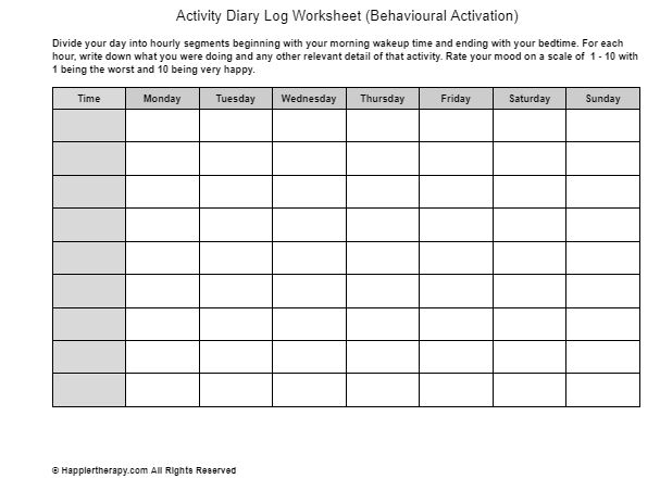 Activity Diary Log Worksheet Behavioural Activation HappierTHERAPY