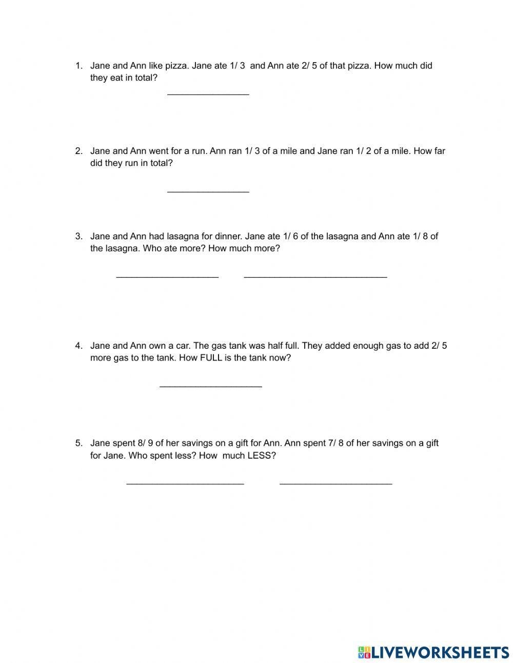 Adding And Subtracting Fractions With Unlike Denominators Word 