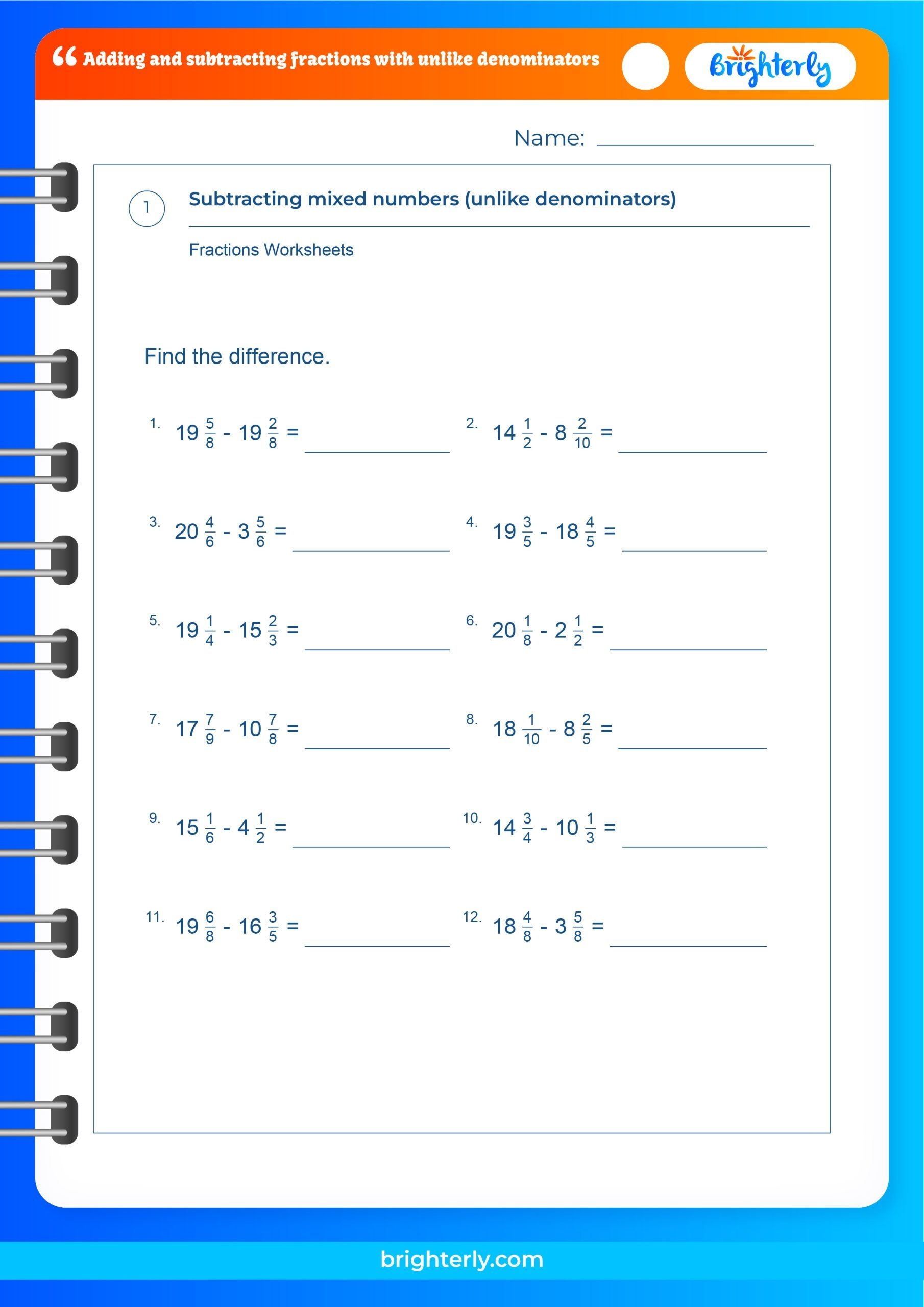 adding and subtracting fractions with unlike denominators worksheets