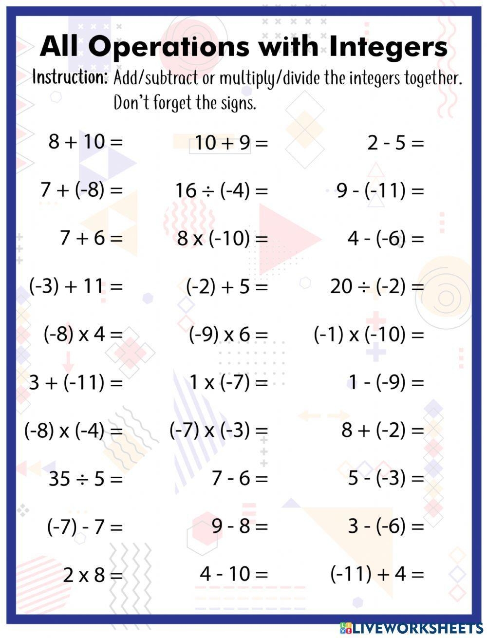 Adding And Subtracting Integers Interactive Exercise Live Worksheets 