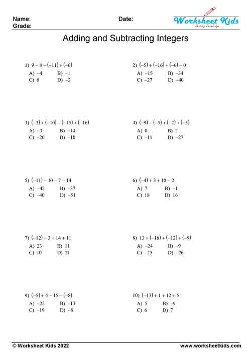 Adding And Subtracting Integers Worksheets For Grades 6 8 PDF