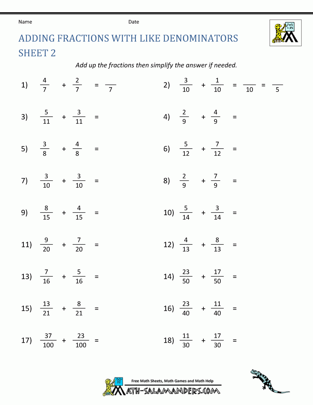 Adding Fractions Like Denominators Worksheets