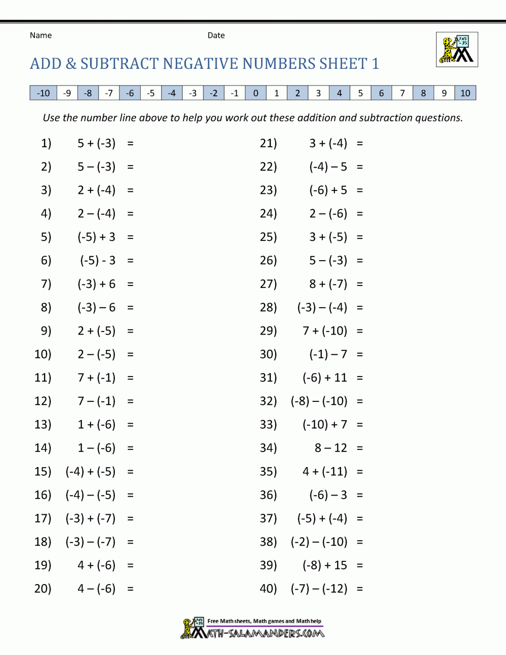 adding integers worksheet pdf