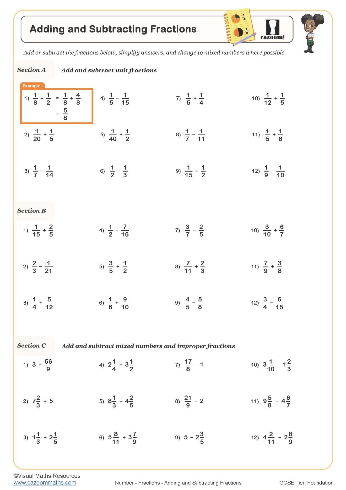 Addition And Subtraction Fractions Worksheets Adding And Sub