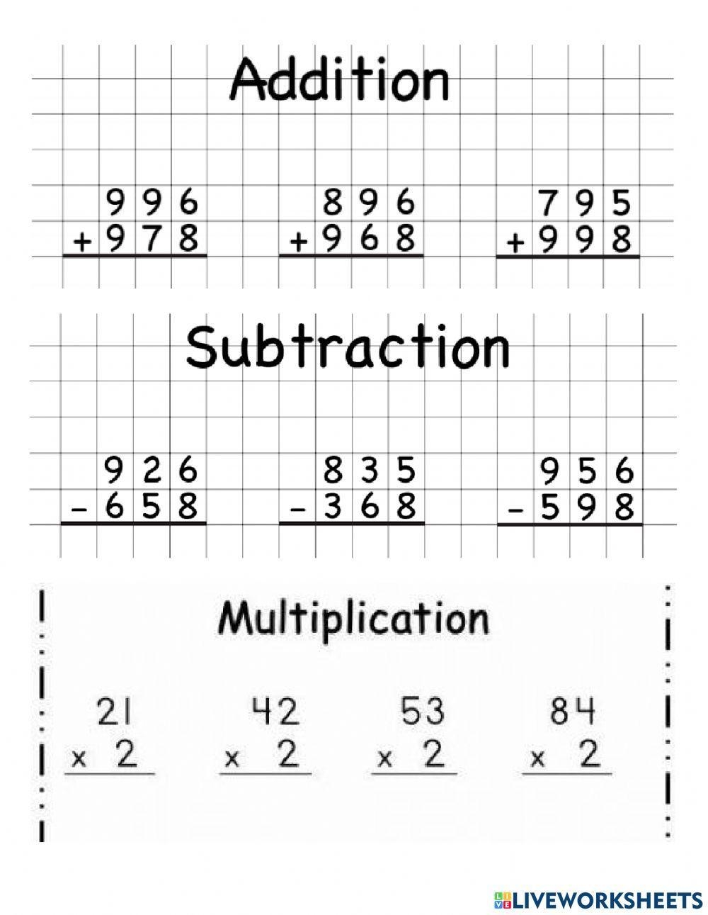 Addition Subtraction And Multiplication Worksheet Live Worksheets 