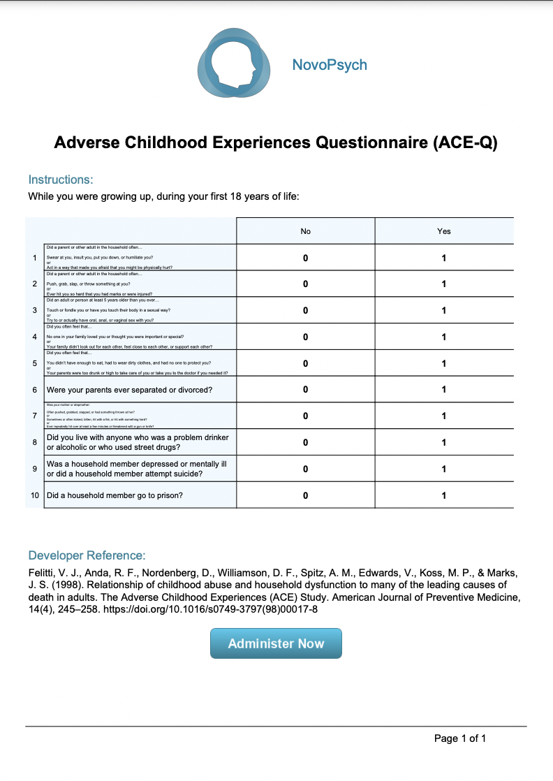 Adverse Childhood Experiences Questionnaire ACE Q NovoPsych