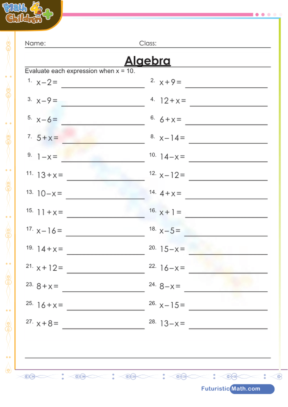 Algebra Evaluating Expressions Worksheet Worksheets Library