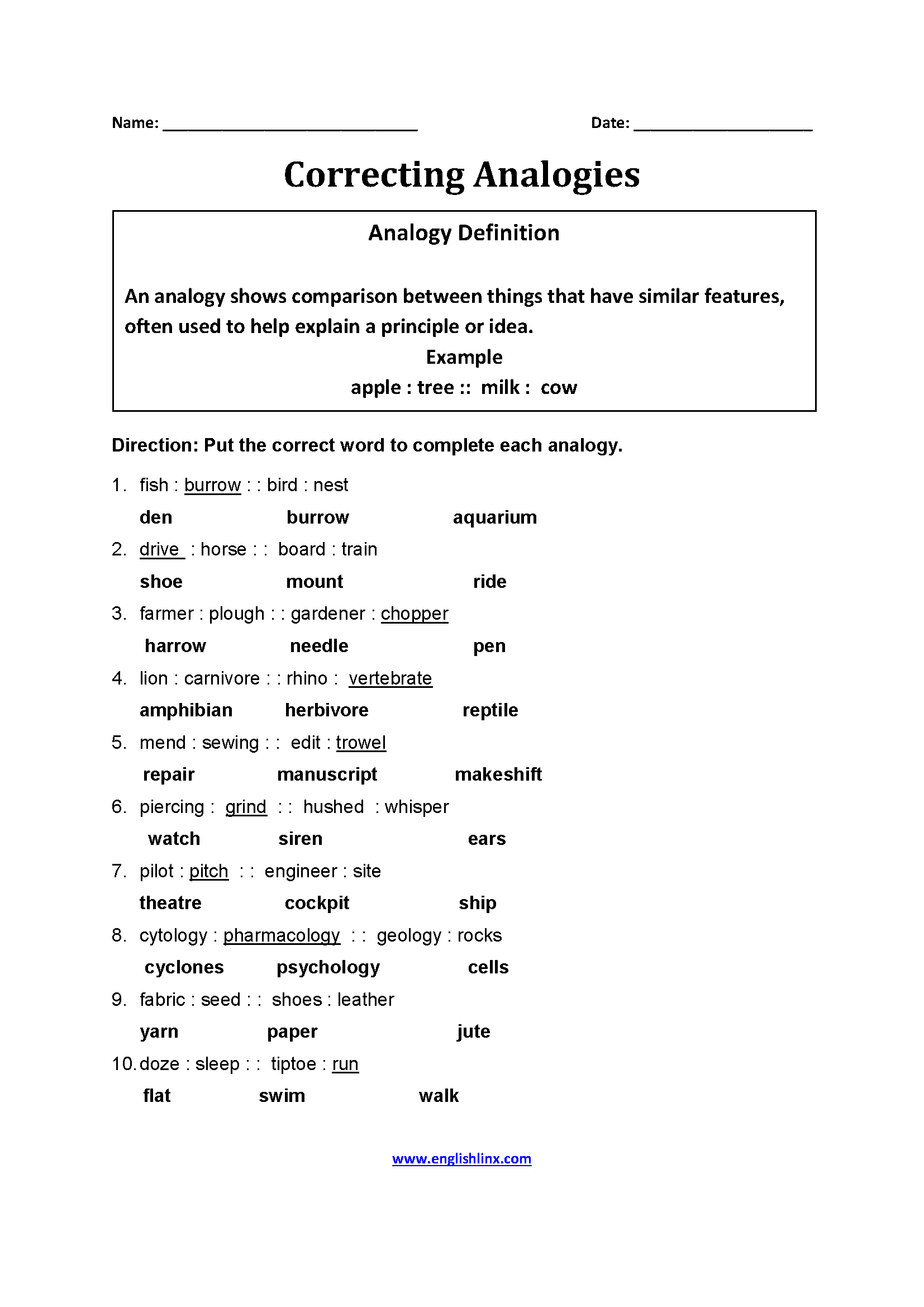 analogies worksheet