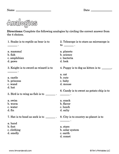 Analogy Worksheets Tim 39 s Printables