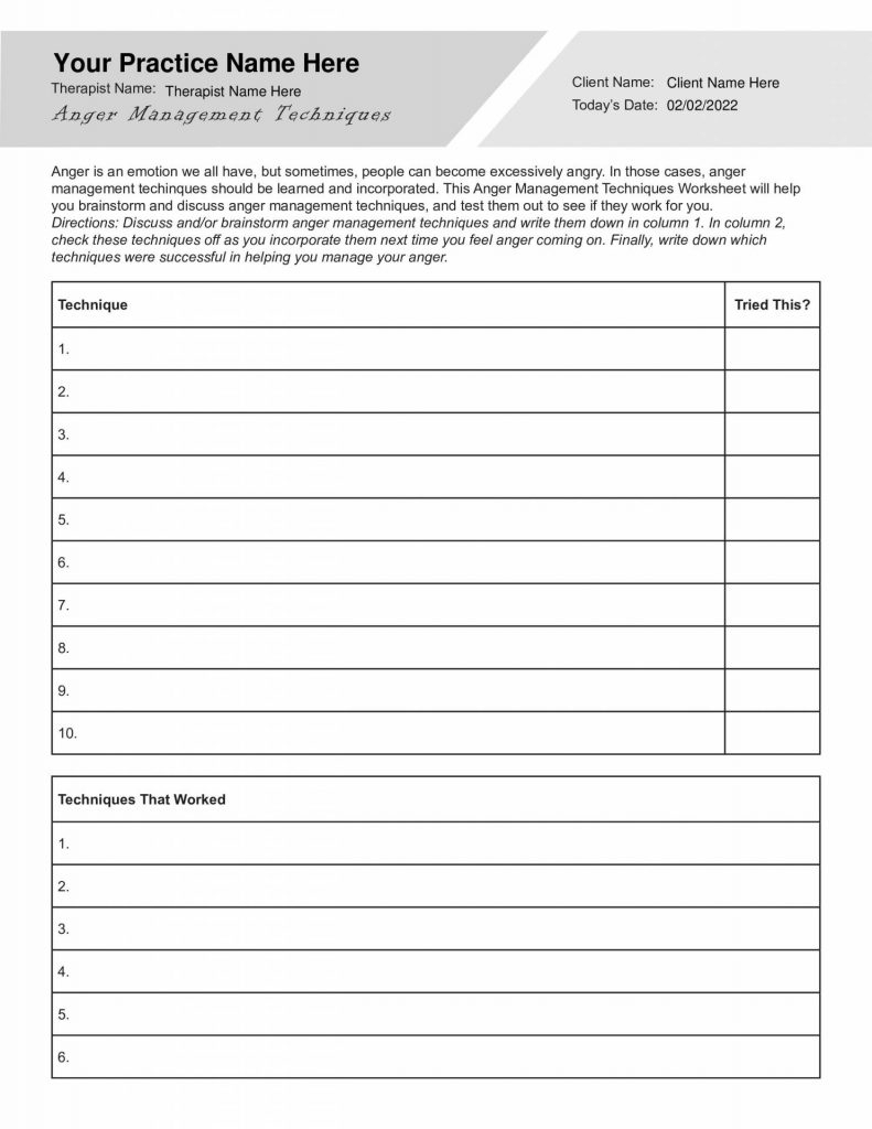 Anger Management Techniques Worksheet Editable Fillable 