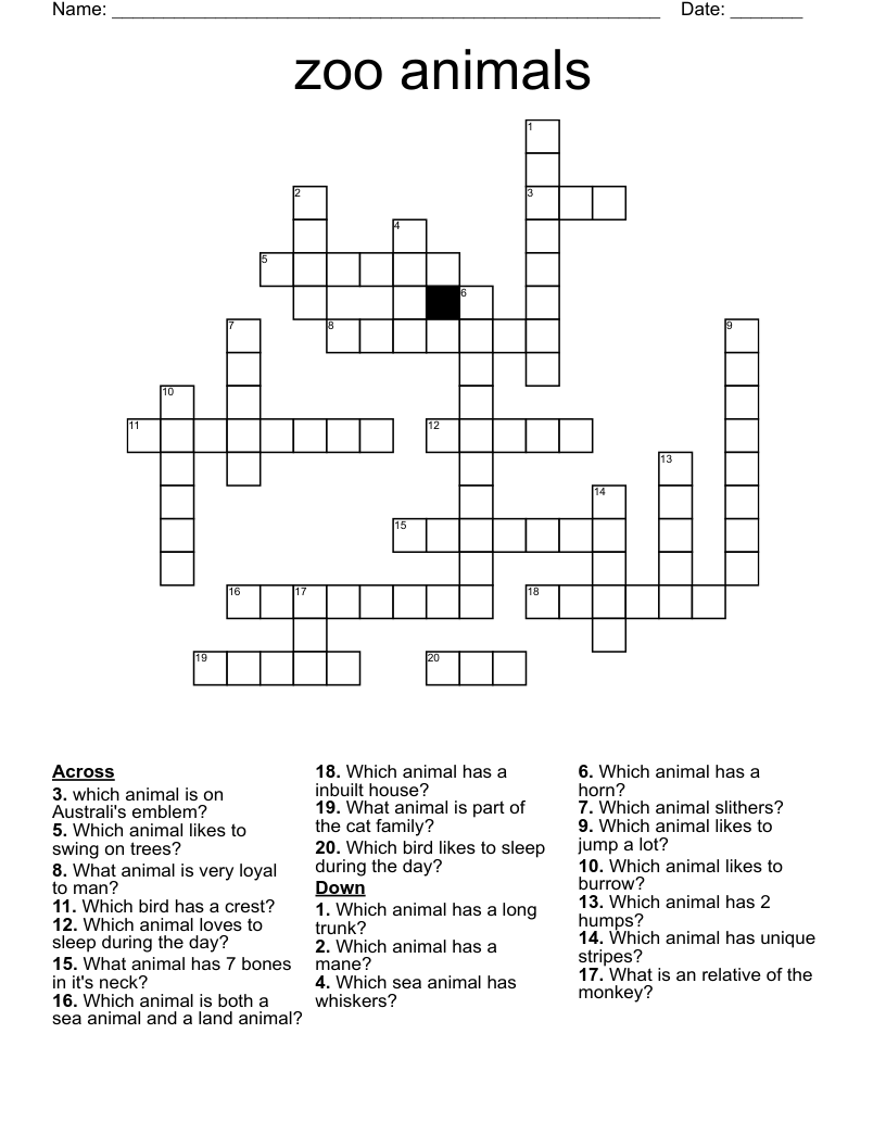 animal crossword puzzle printable