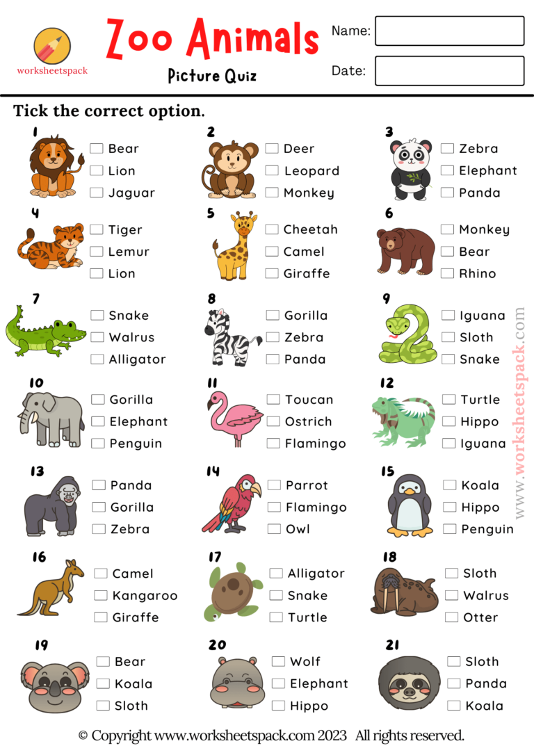 Animal Quiz Free Printable Animal Picture Test Worksheetspack